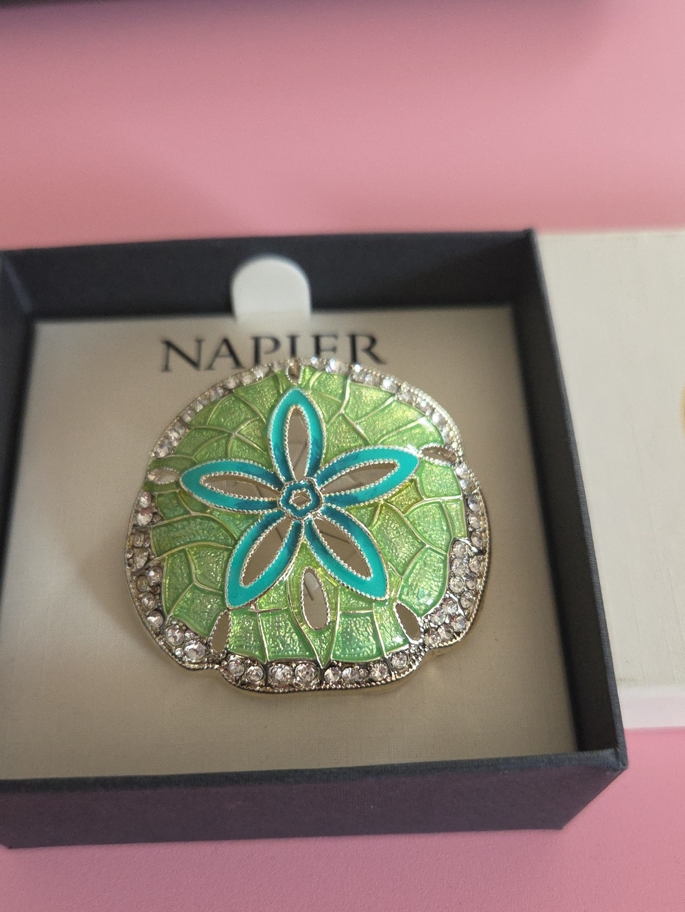 Napier Lime Green & Turquoise Enamel Sand Dollar Brooch with Rhinestones